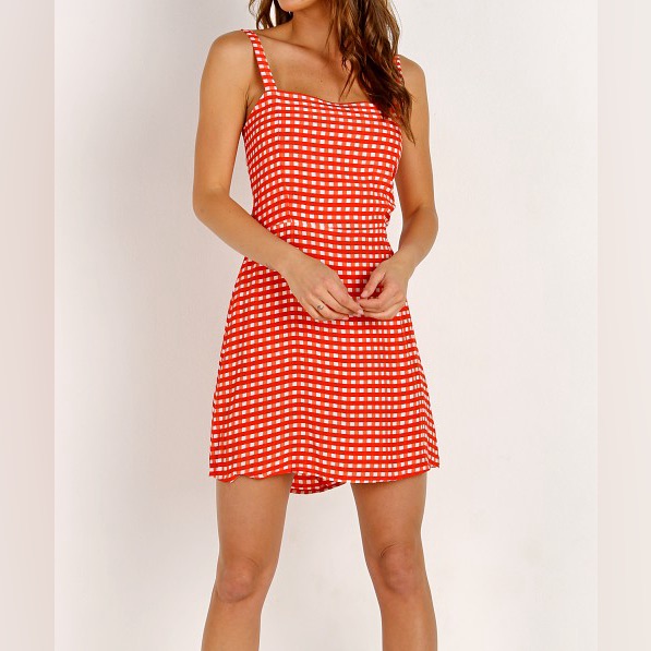 Faithfull The Brand Red & White Gingham Square Neck Mini Dress